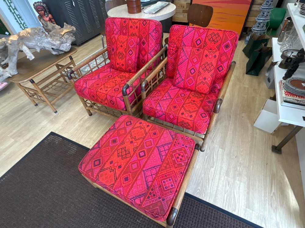Mid-Century Rattan Bronze Jointed Chairs & Ottoman Set