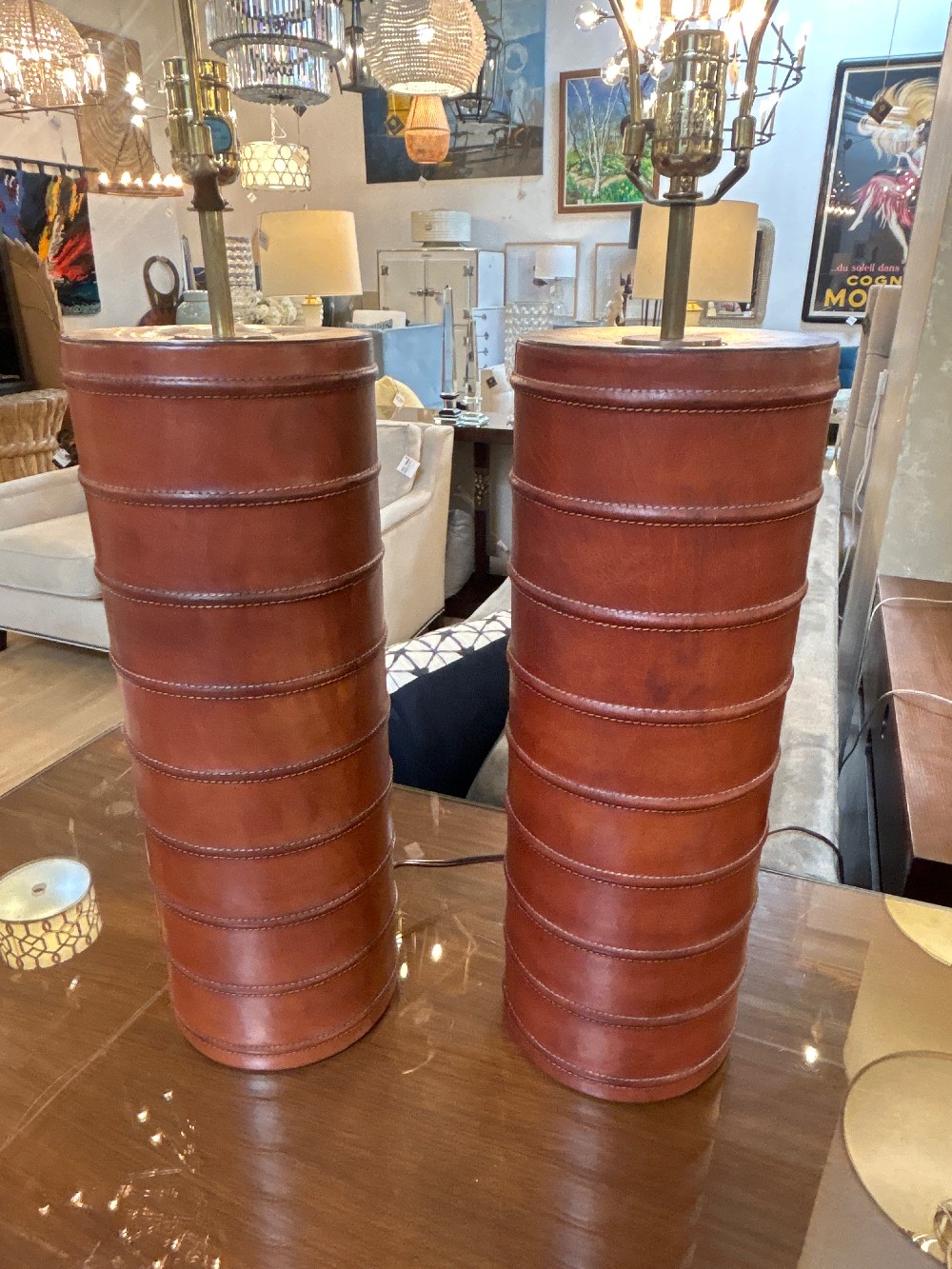 Savoy House Leather Wrapped Cylinder Lamps, Pair