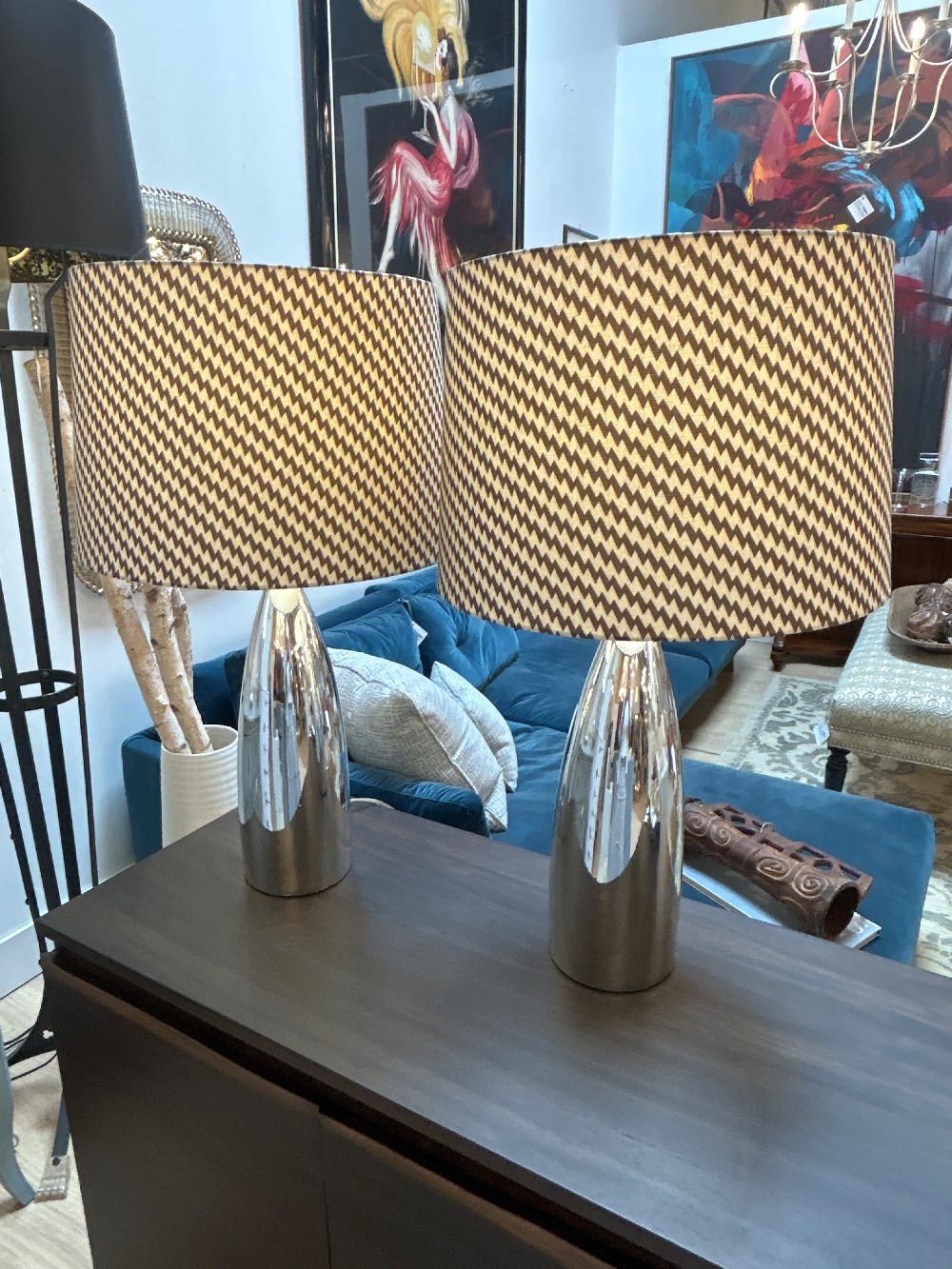 Modern Chrome Ceramic Table Lamps, Pair