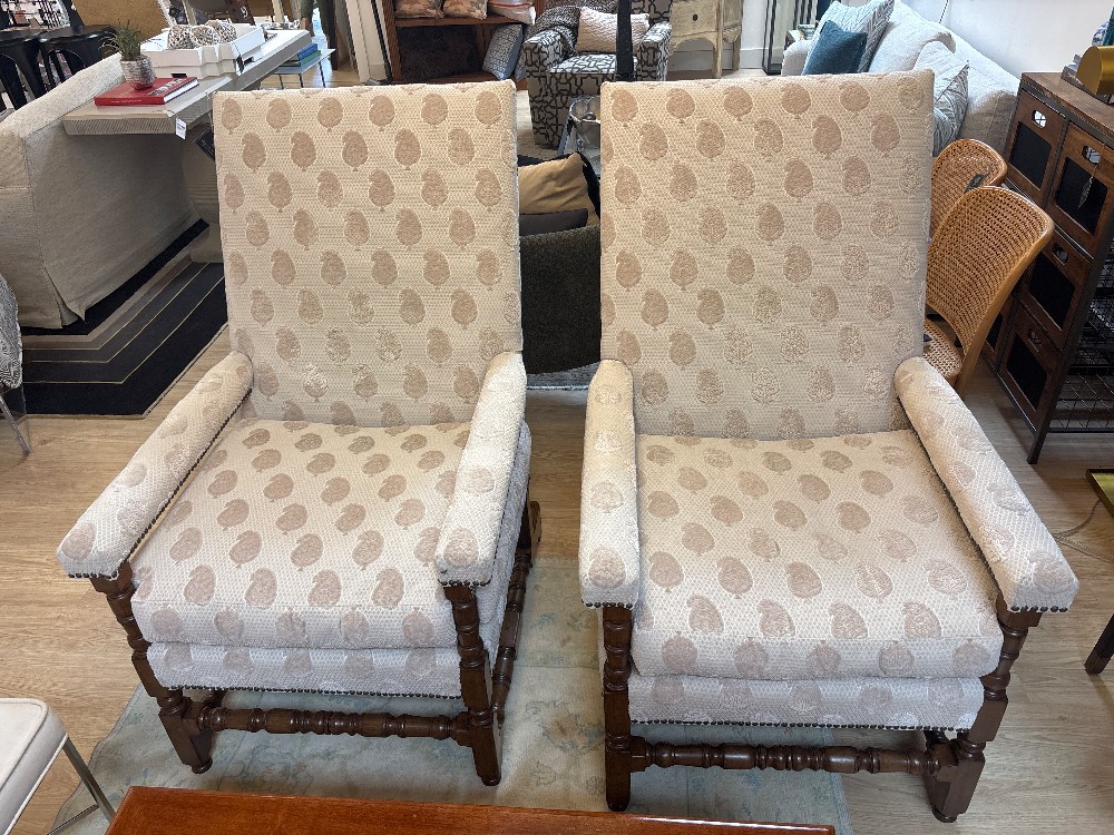 English Oak Paisley Jacquard Oversized Arm Chairs, Pair