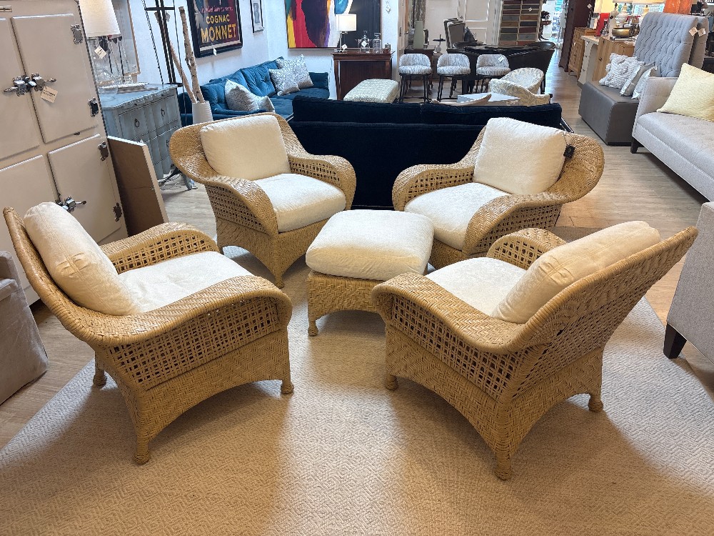 McGuire Woven Rattan Lounge Chairs (4) & Ottoman Set