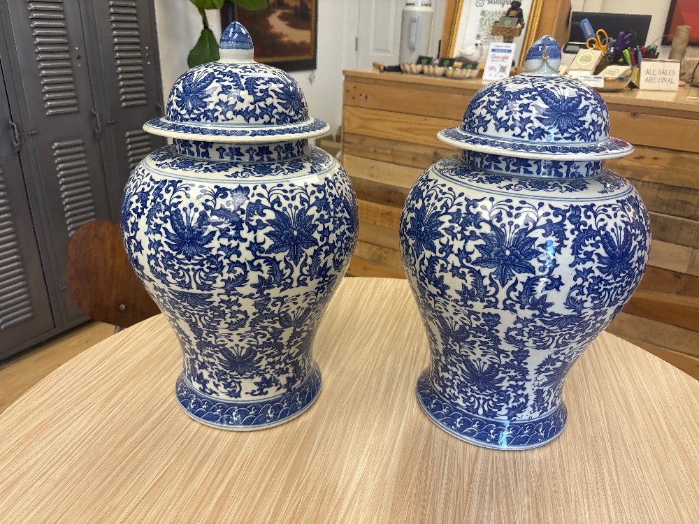 Blue & White Porcelain Temple Jars, Pair