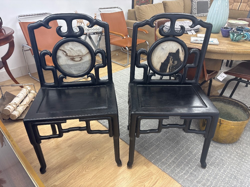 Chinese Lacquered Stone Medallion Chairs, Pair
