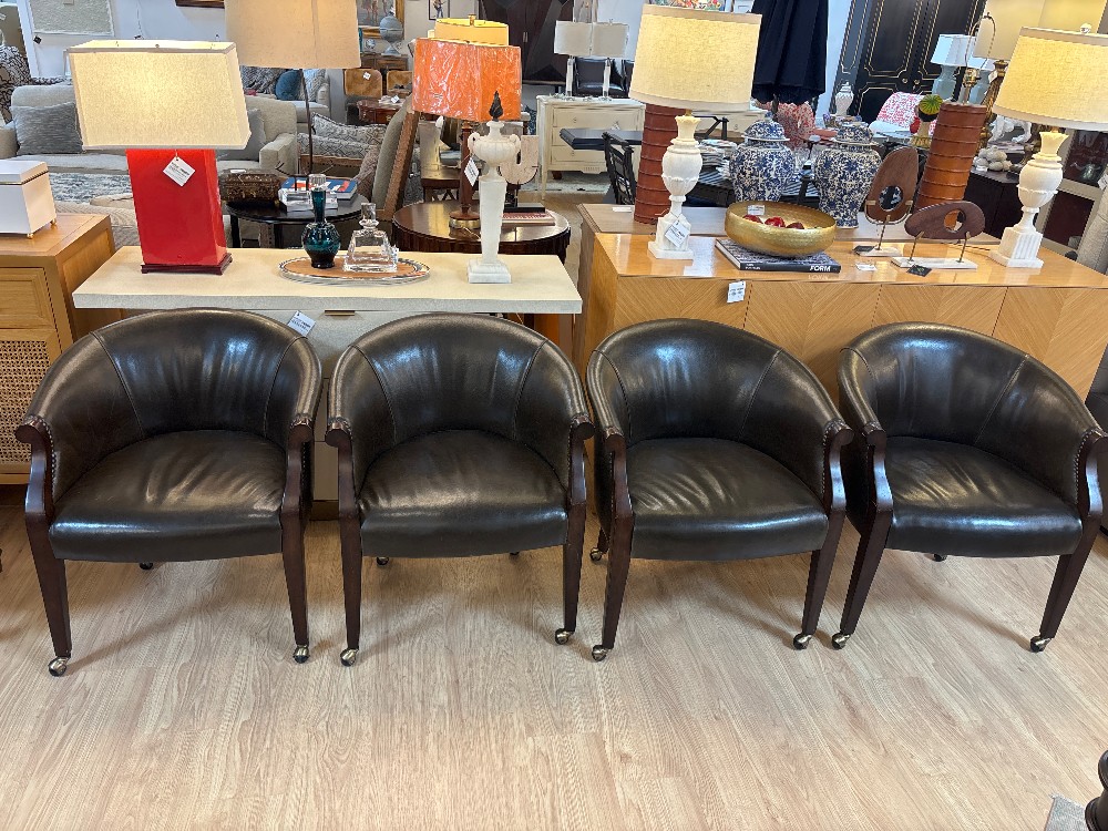 Vanguard Furniture Leather Barrel Chairs on Casters, Set of 4