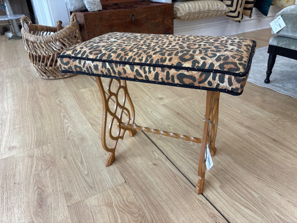 Vintage Iron Base Upholstered Leopard Print Bench