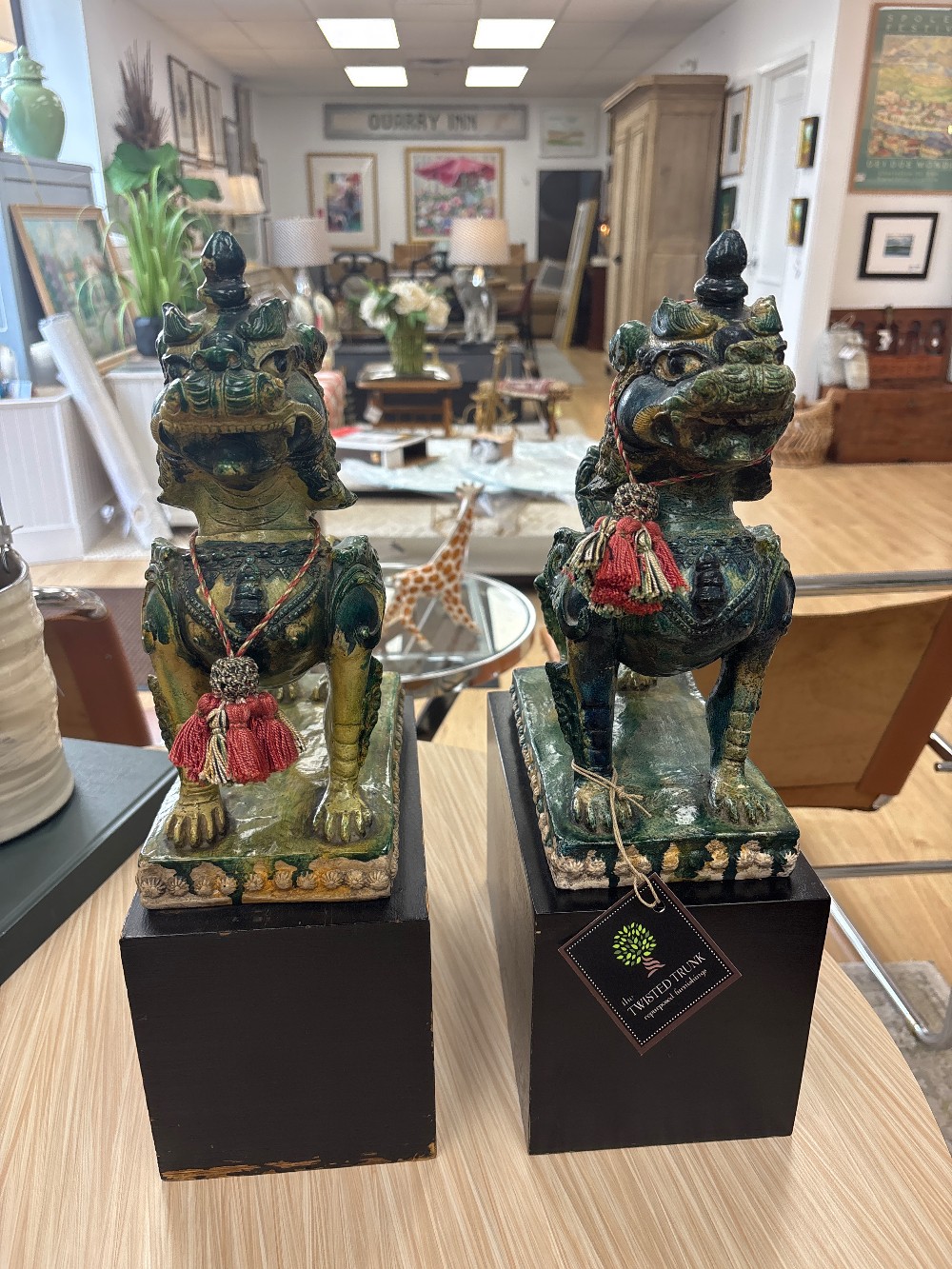 Antique Painted Ceramic Foo Dog Sculptures, Pair