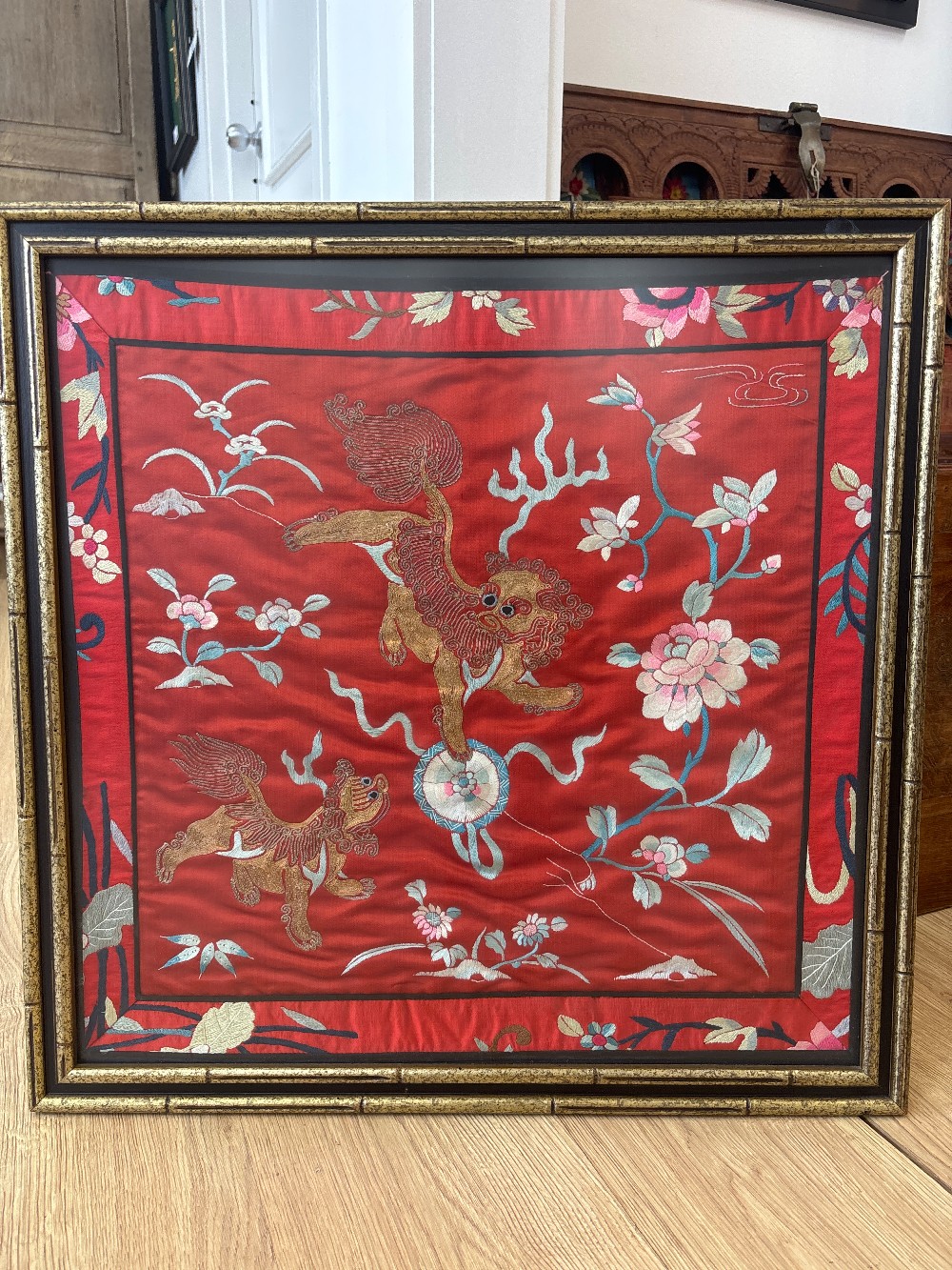 Antique Chinese Embroidered Silk Foo Dog Textile, Framed