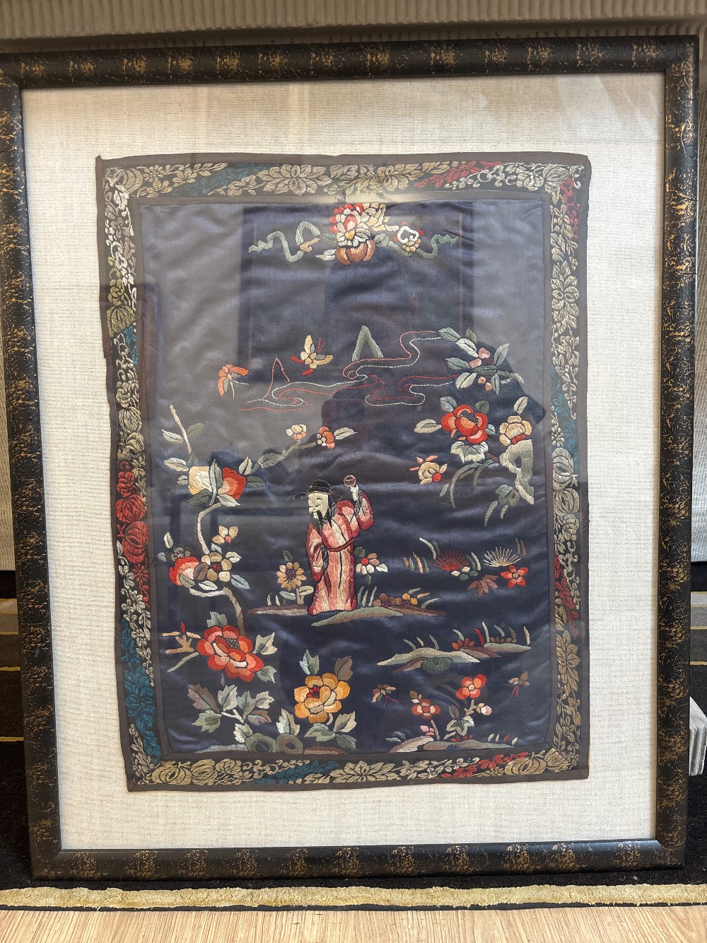 Antique Chinese Embroidered Silk Floral Textile, Framed