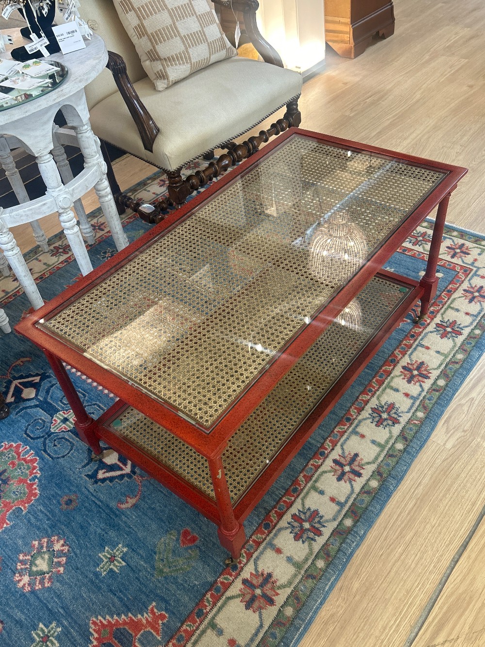 Cane Top Tiered Coffee Table on Casters