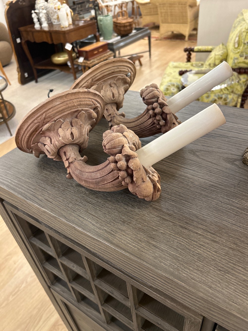 Vintage Carved Wood French Fruit Sconces, Pair