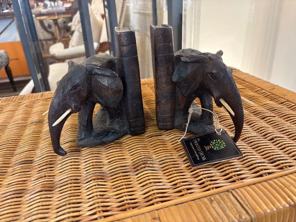 Vintage Carved Wood Elephant Bookends, Pair