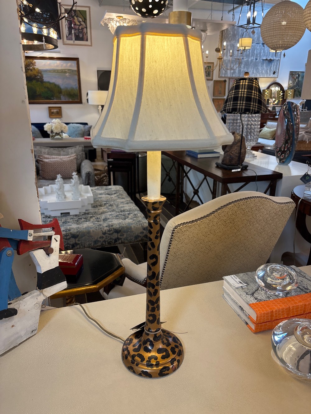 Vintage Leopard Print Painted Candlestick Lamp