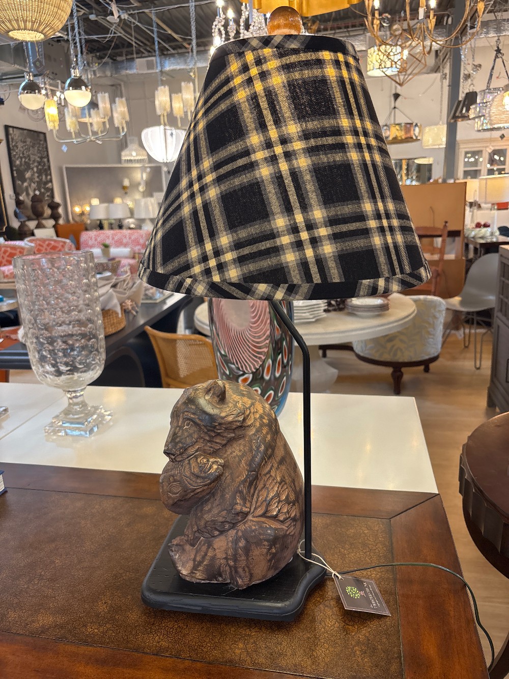 Ceramic Bear Lamp with Plaid Shade