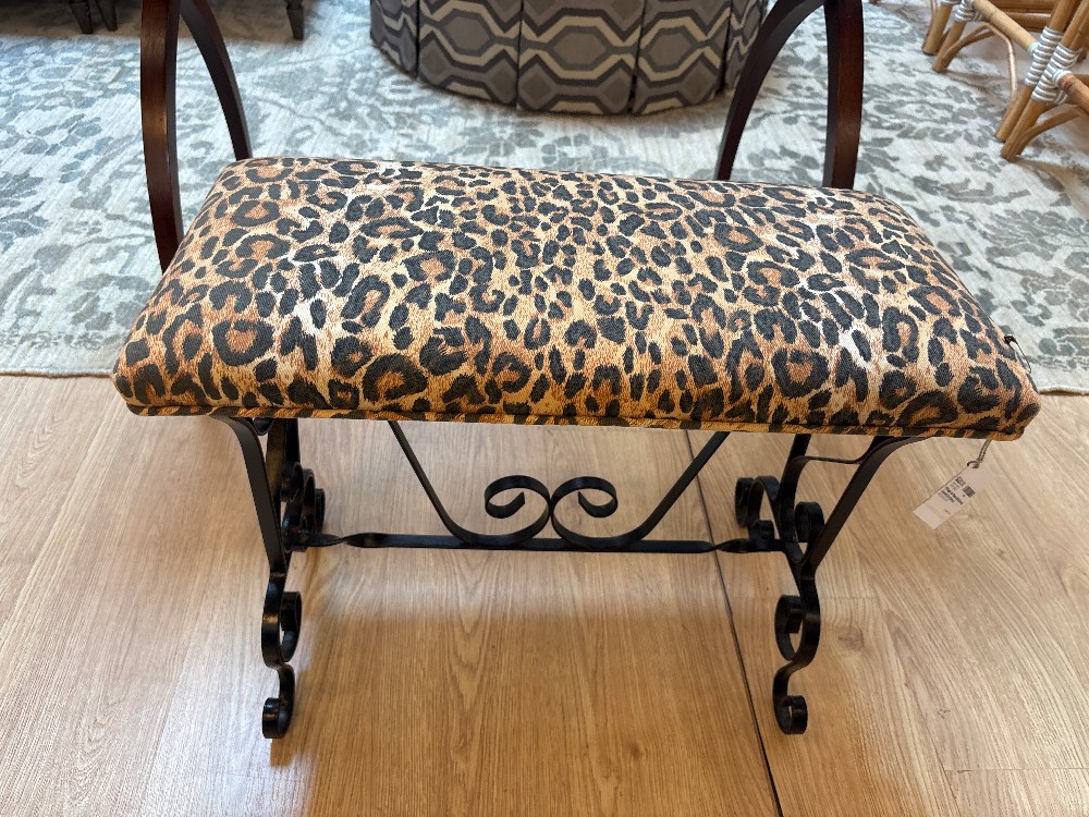 Vintage Iron Base Upholstered Leopard Print Bench