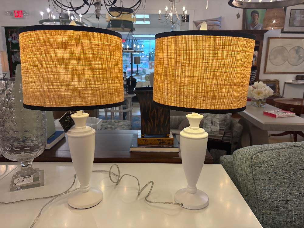 Painted Wood Lamps with Raffia Shades, Pair