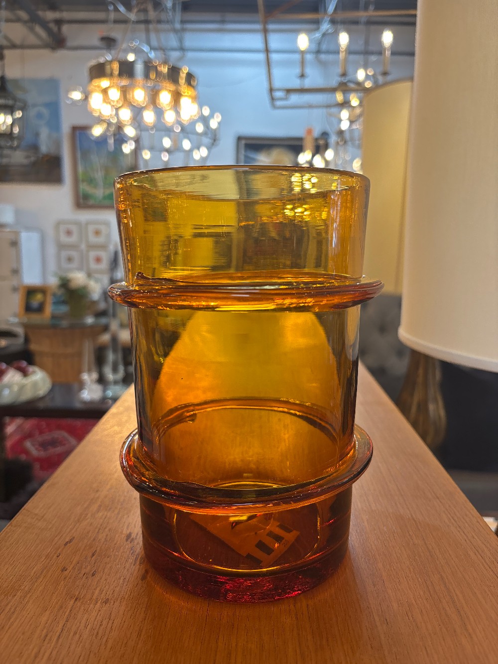 Mid-Century Ridged Hand-Blown Amber Glass Vase