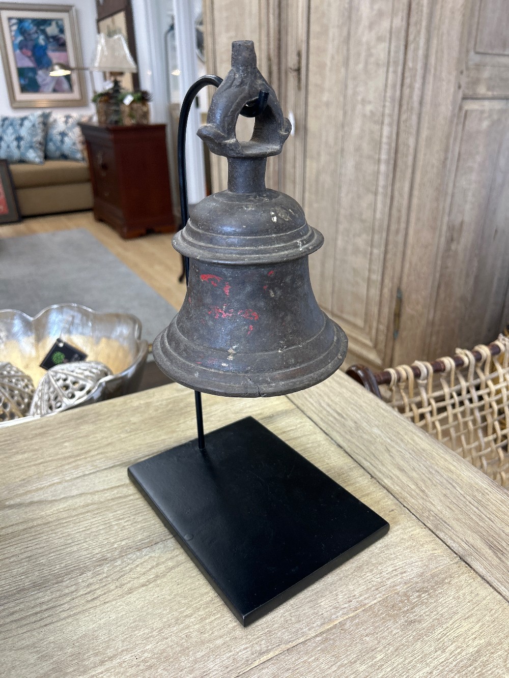 Antique Bronze Buddhist Temple Bell on Stand