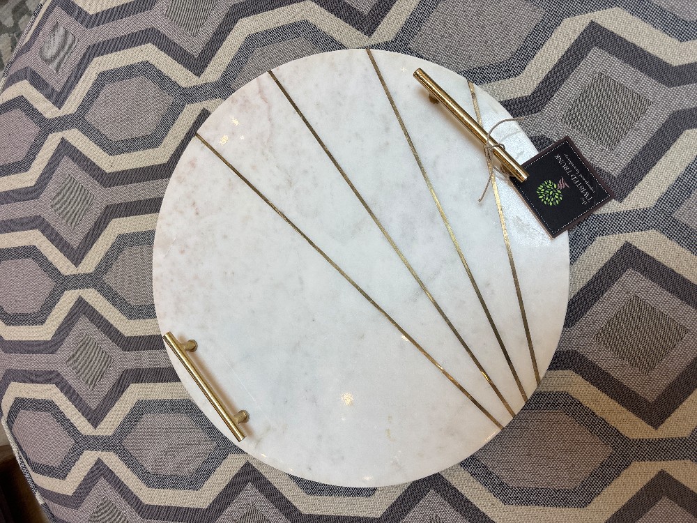 Round Marble Brass Inlaid Serving Tray
