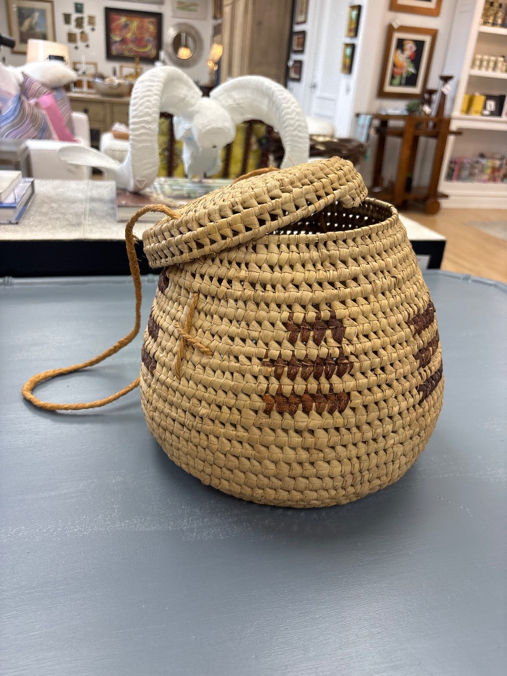 Hand Woven Native American Straw Basket with Strap
