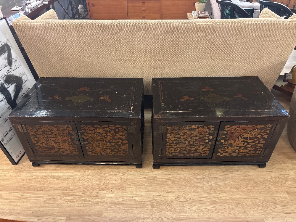 Antique Lacquered Chinese Low Cabinets, Pair