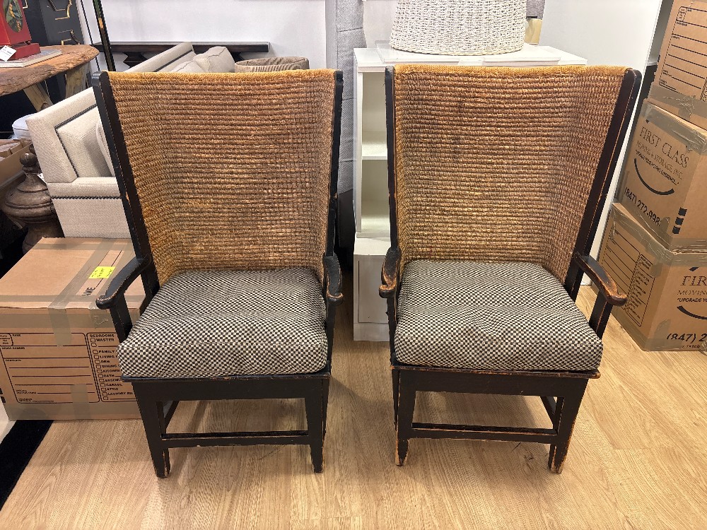 Antique Orkney Straw Wingback Chairs, Pair