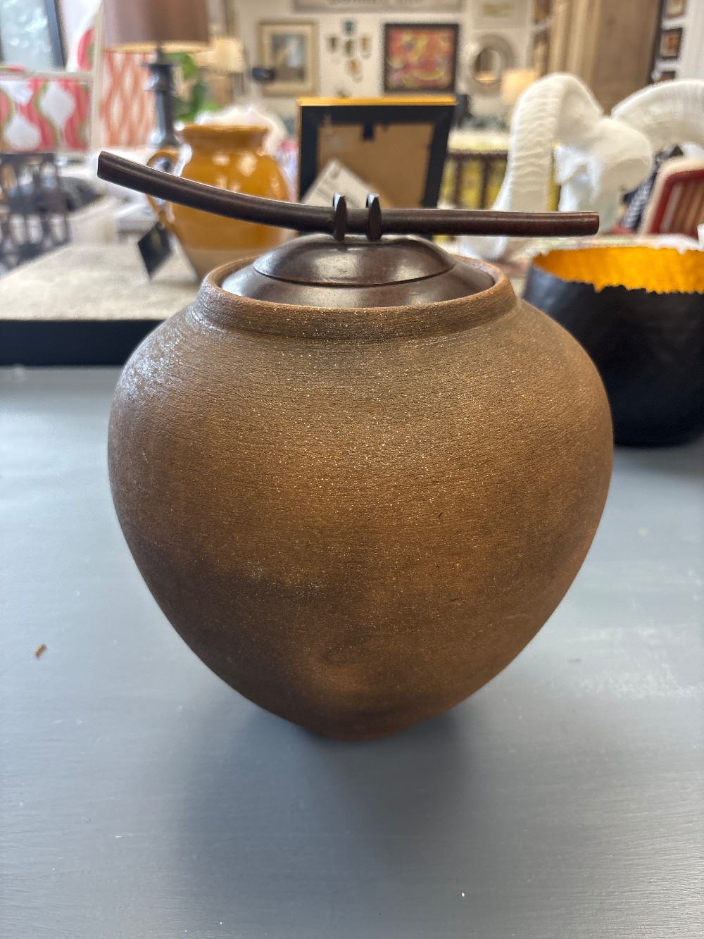 Carol Green Mica Clay Vessel with Bronze Top, Signed