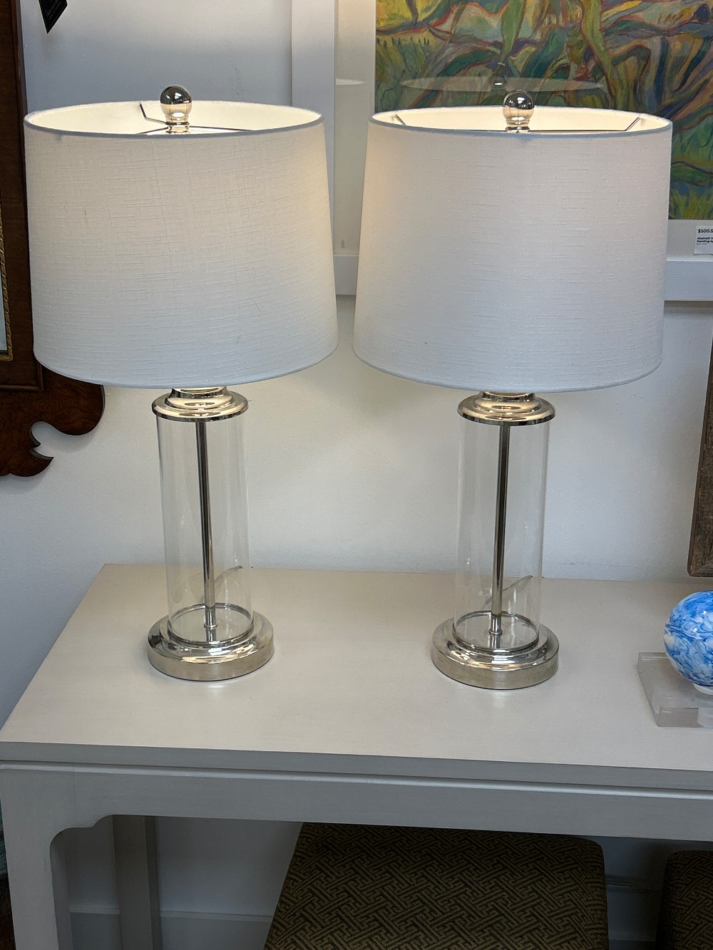 510 Design Clear Glass Cylinder Lamps, Pair