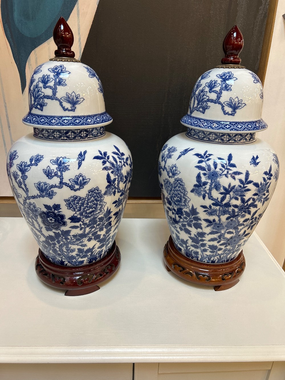 Bombay Blue & White Wood Finial Ginger Jars, Pair
