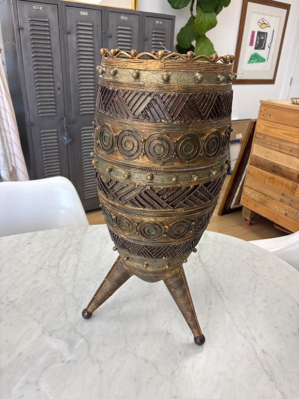 Textured Metal Kuba-Style Tripod Vase