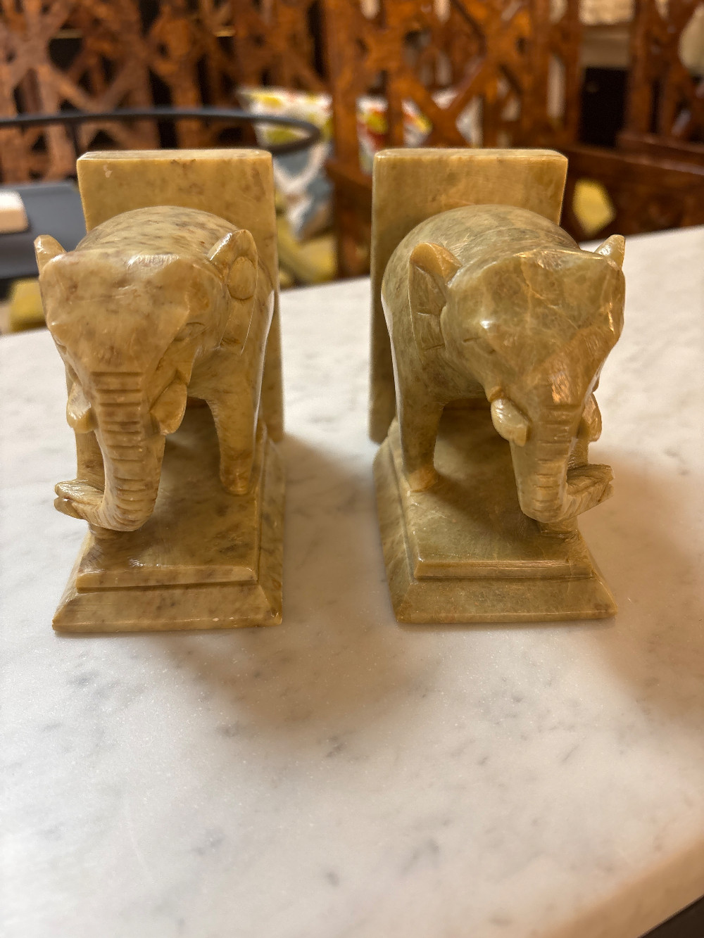 Vintage Mid-Century Marble Elephant Bookends, Pair