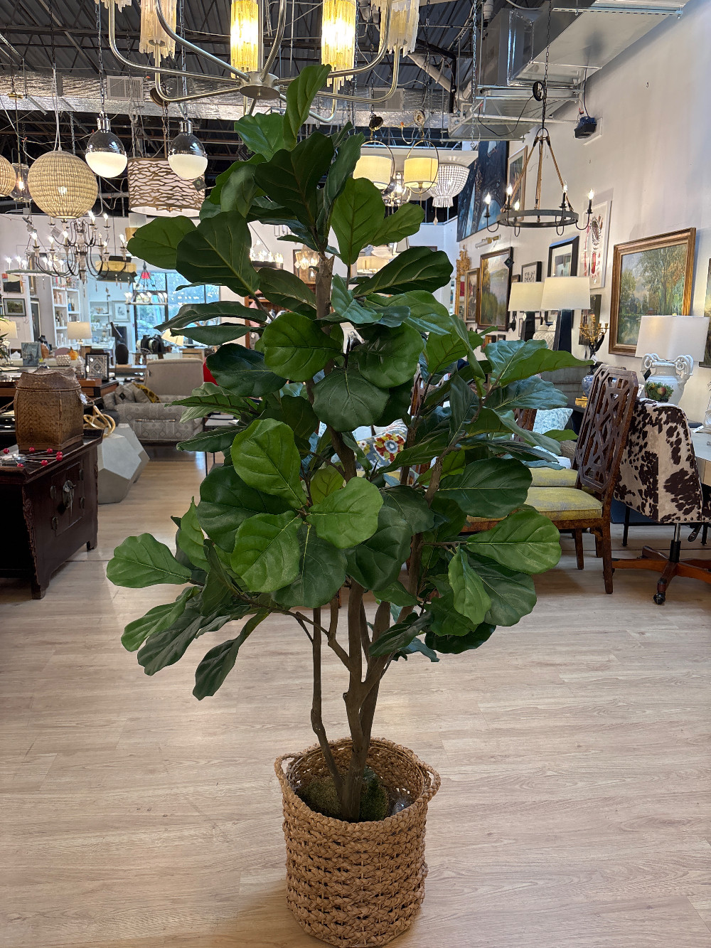 Faux Fiddle Fig Leaf Plant in Woven Basket