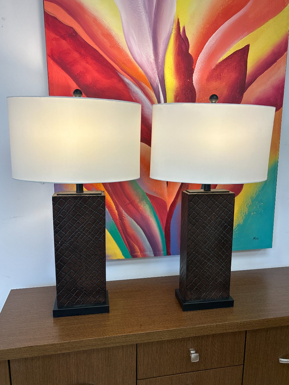 Modern Faux Etched Wood USB Table Lamps, Pair
