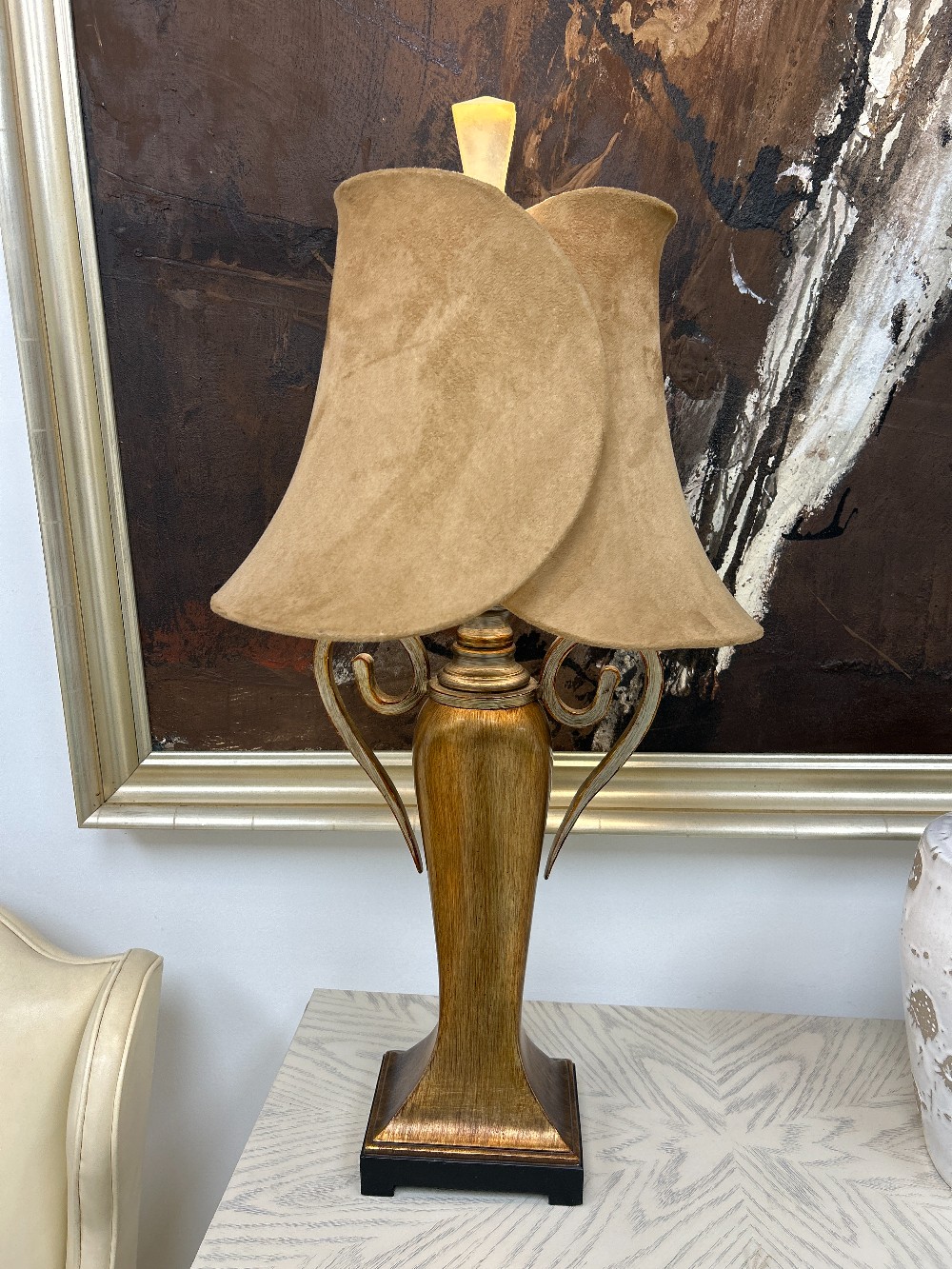 Gilt Scroll Lamp with Suede Shade