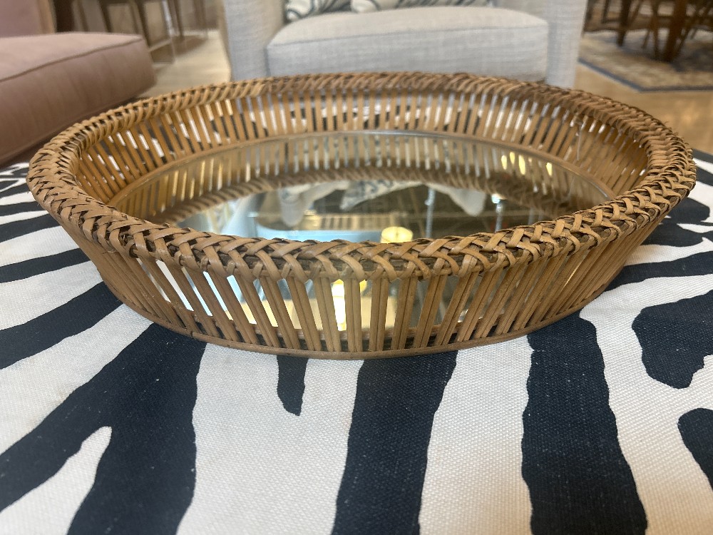 Round Mirrored Rattan Tray