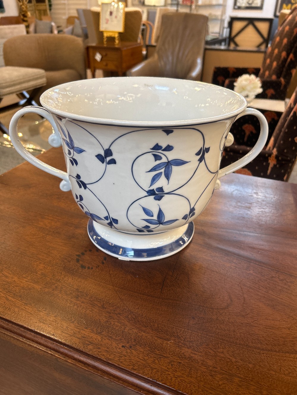 Vintage Blue & White Handled Ceramic Cachepot