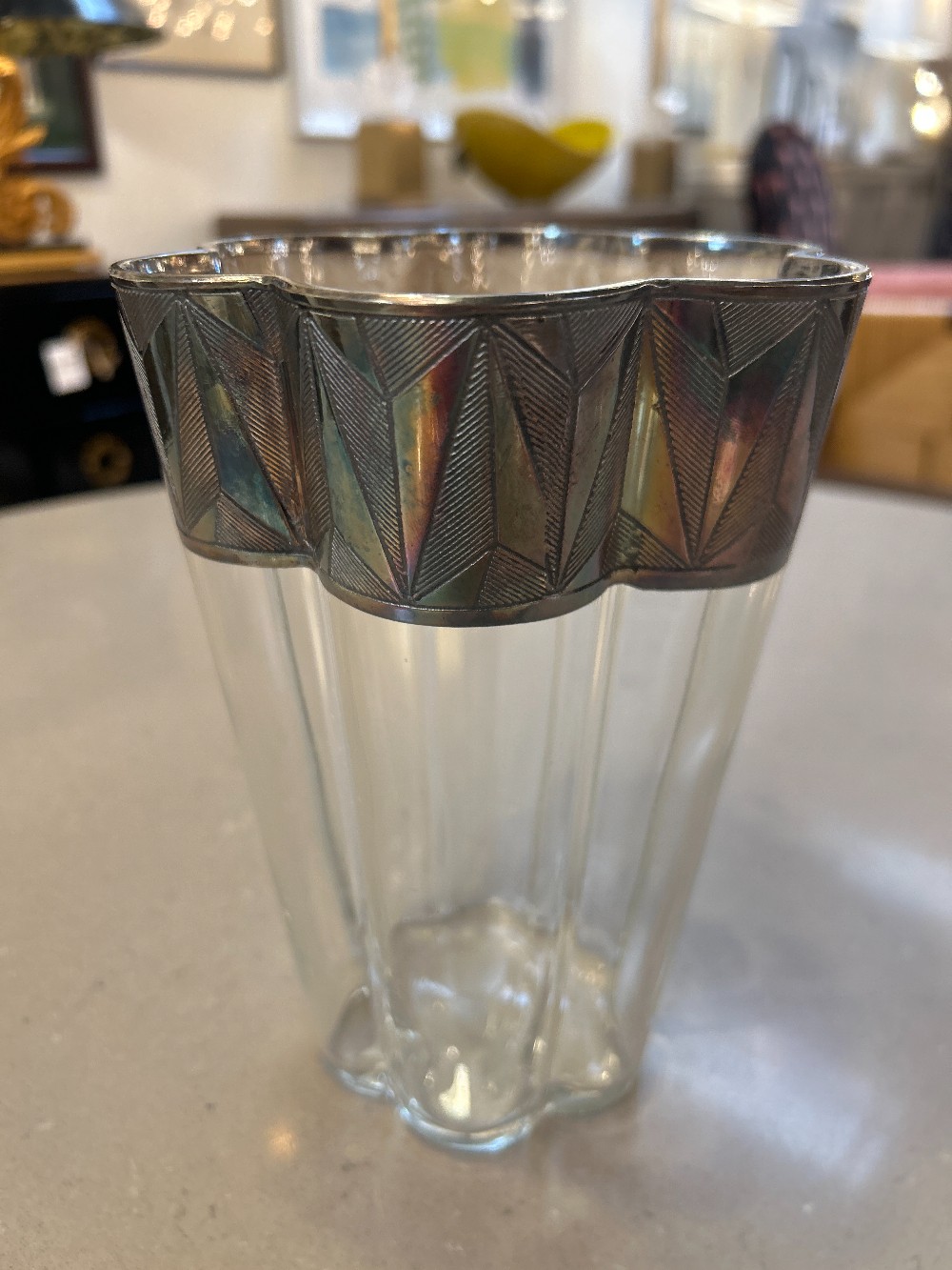 Vintage Mid-Century Silver Plated Scalloped Glass Vase