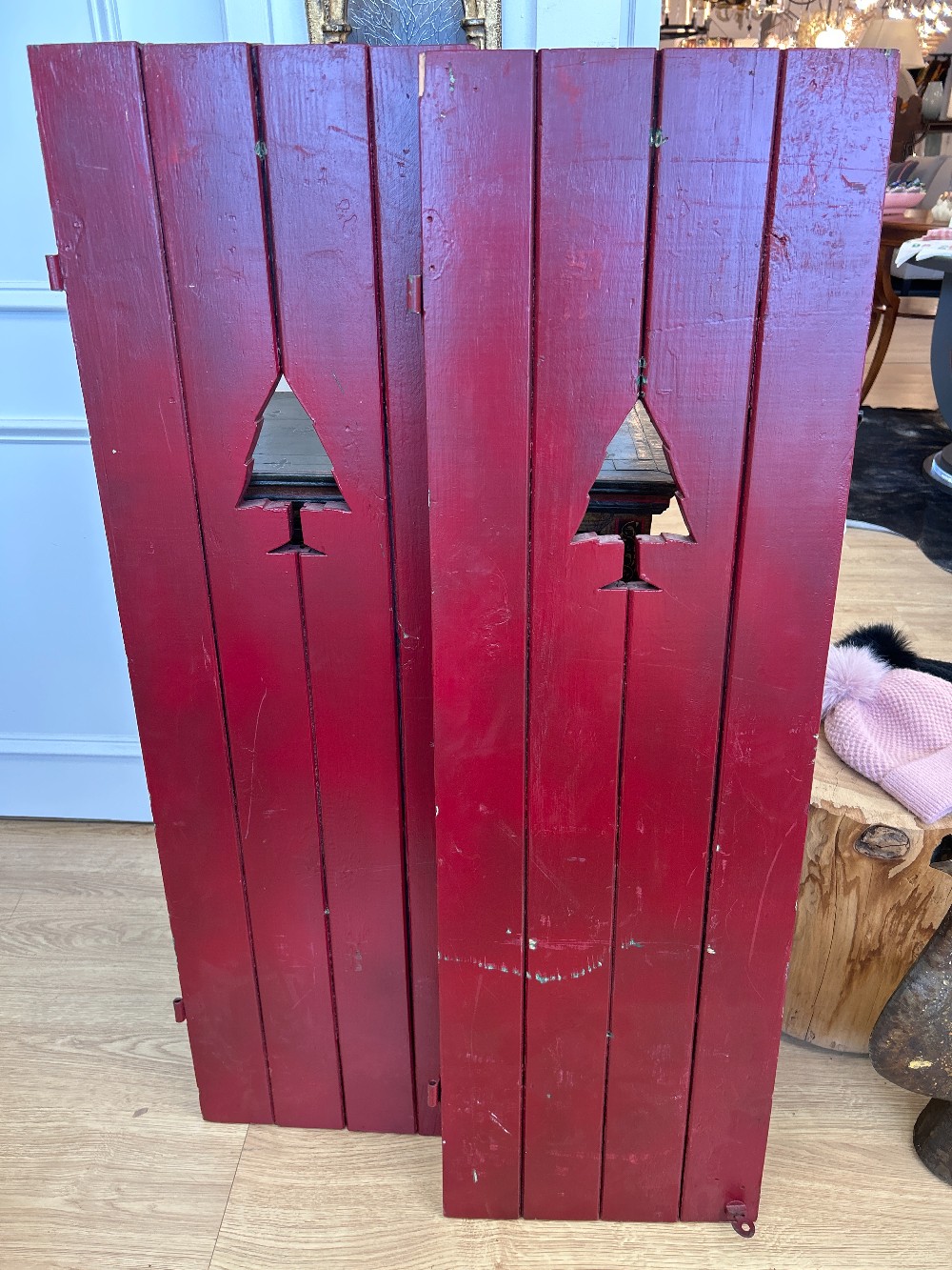 Vintage Pine Tree Cutout Painted Wood Shutters, Pair