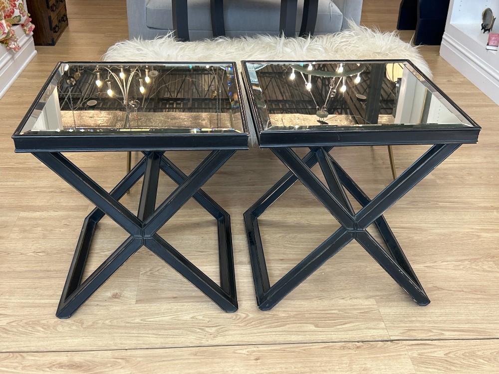 Mirrored Top X-Leg Side Tables, Pair