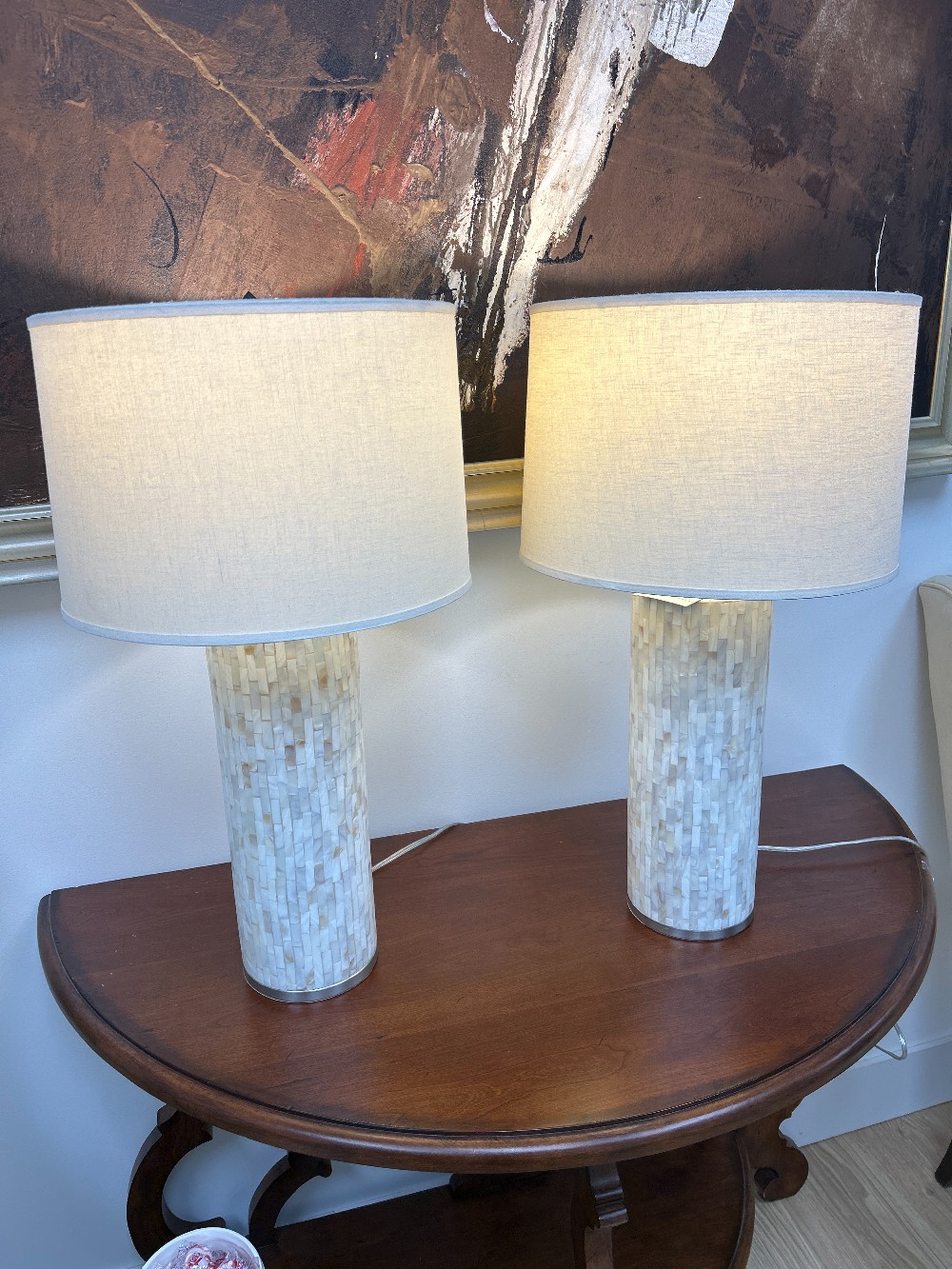 Mother of Pearl Inlay Column Table Lamps, Pair