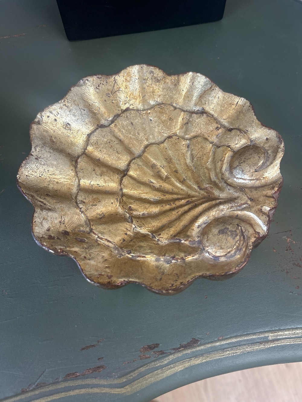 Distressed Gold Carved Wood Seashell Tray