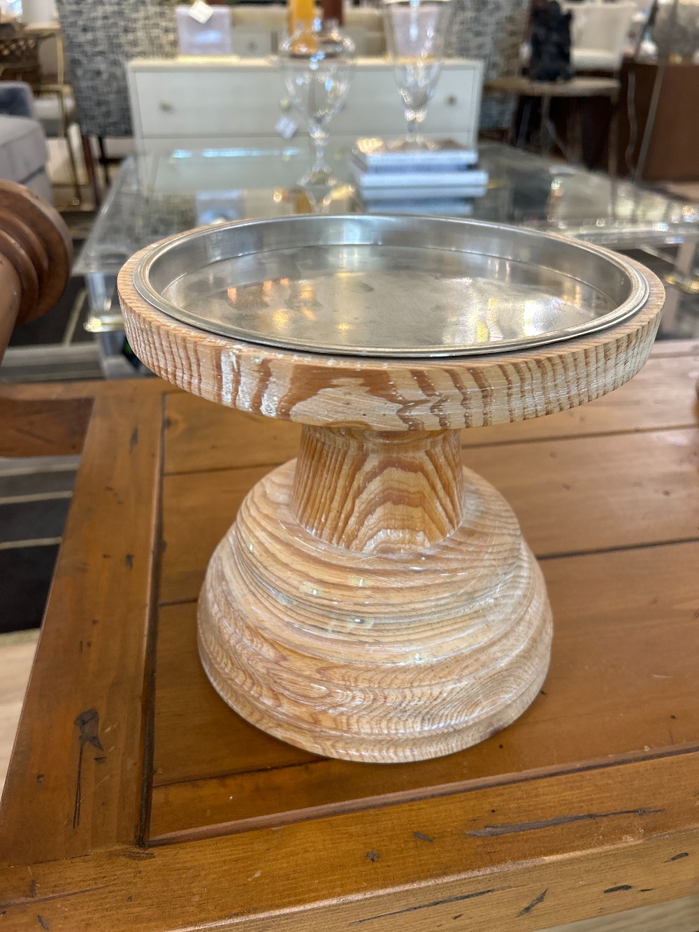 Natural Carved Wood Pedestal Candleholder