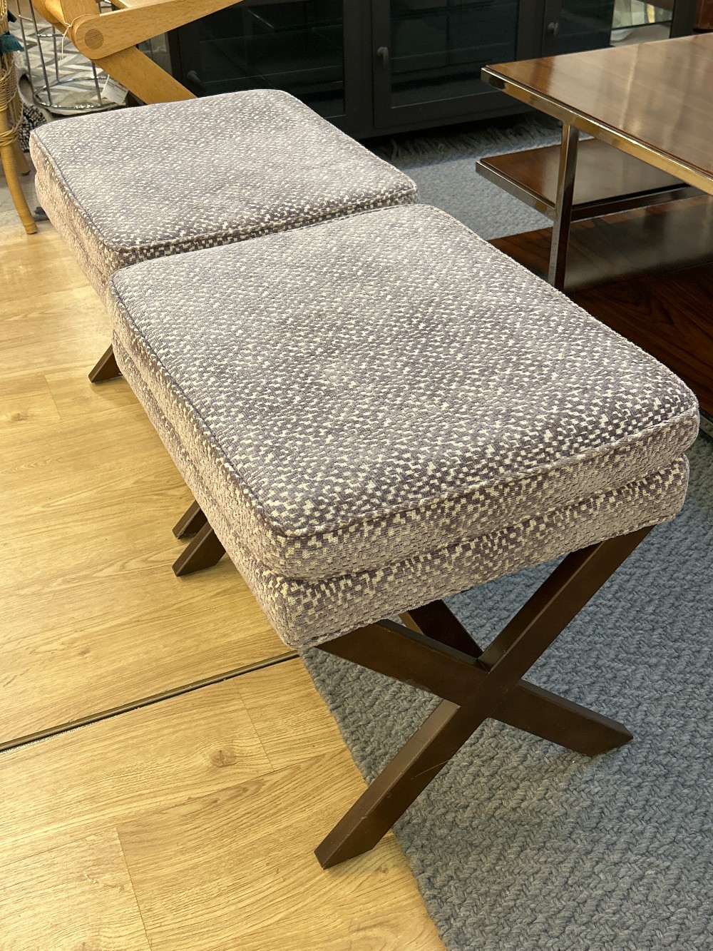 Contemporary Velvet X-Leg Benches, Pair