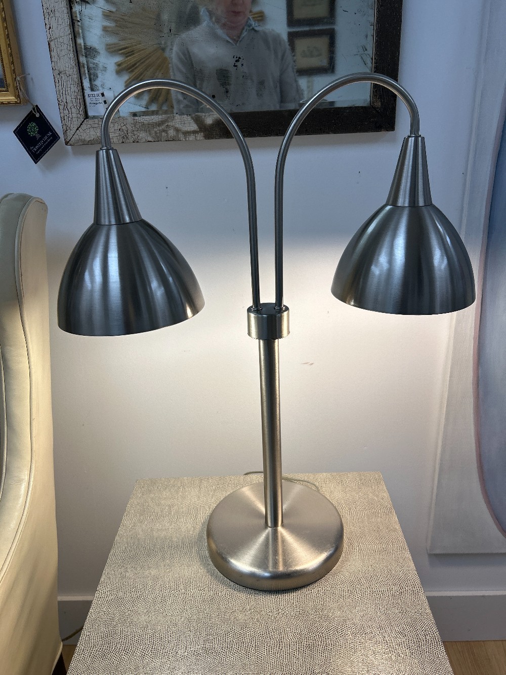 Brushed Steel Double Head Table Lamp