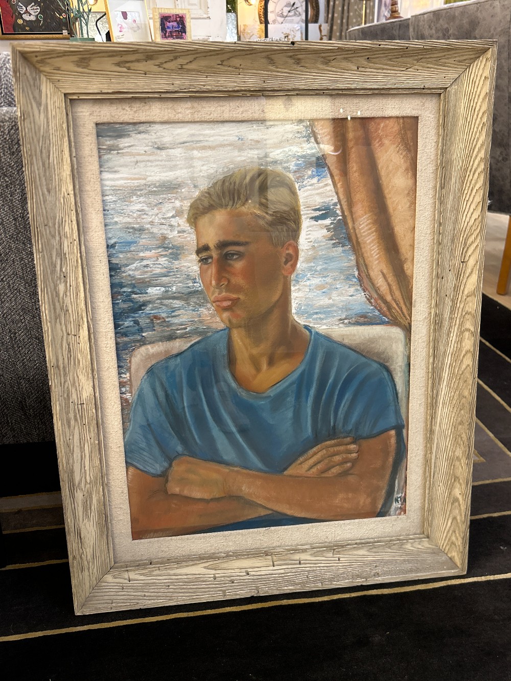 Vintage Young Man Portrait Painting, Signed