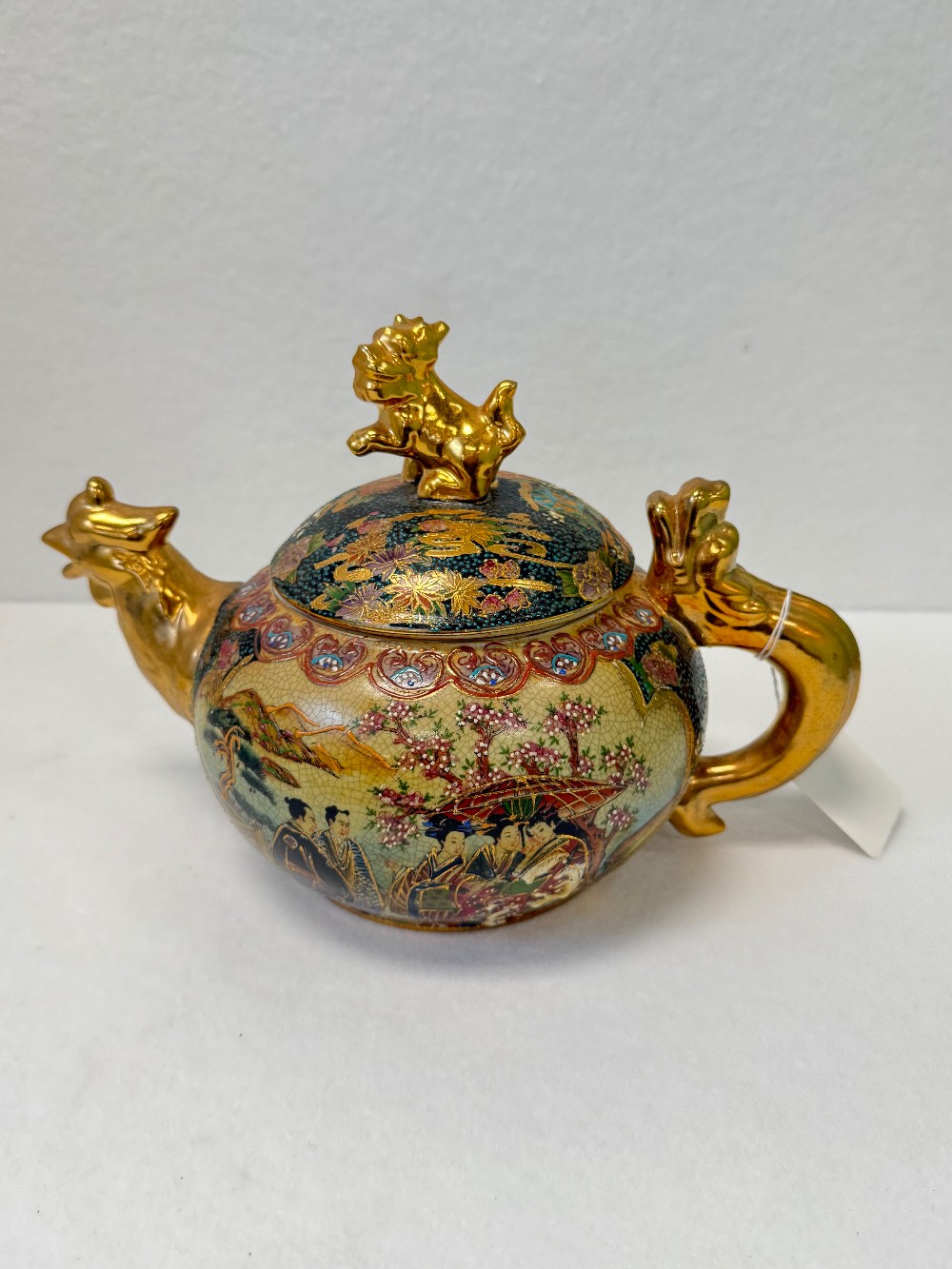Museum Quality antique Satsuma Moriah’s Foo Dog Spindle Lid and Rooster Spout Teapot