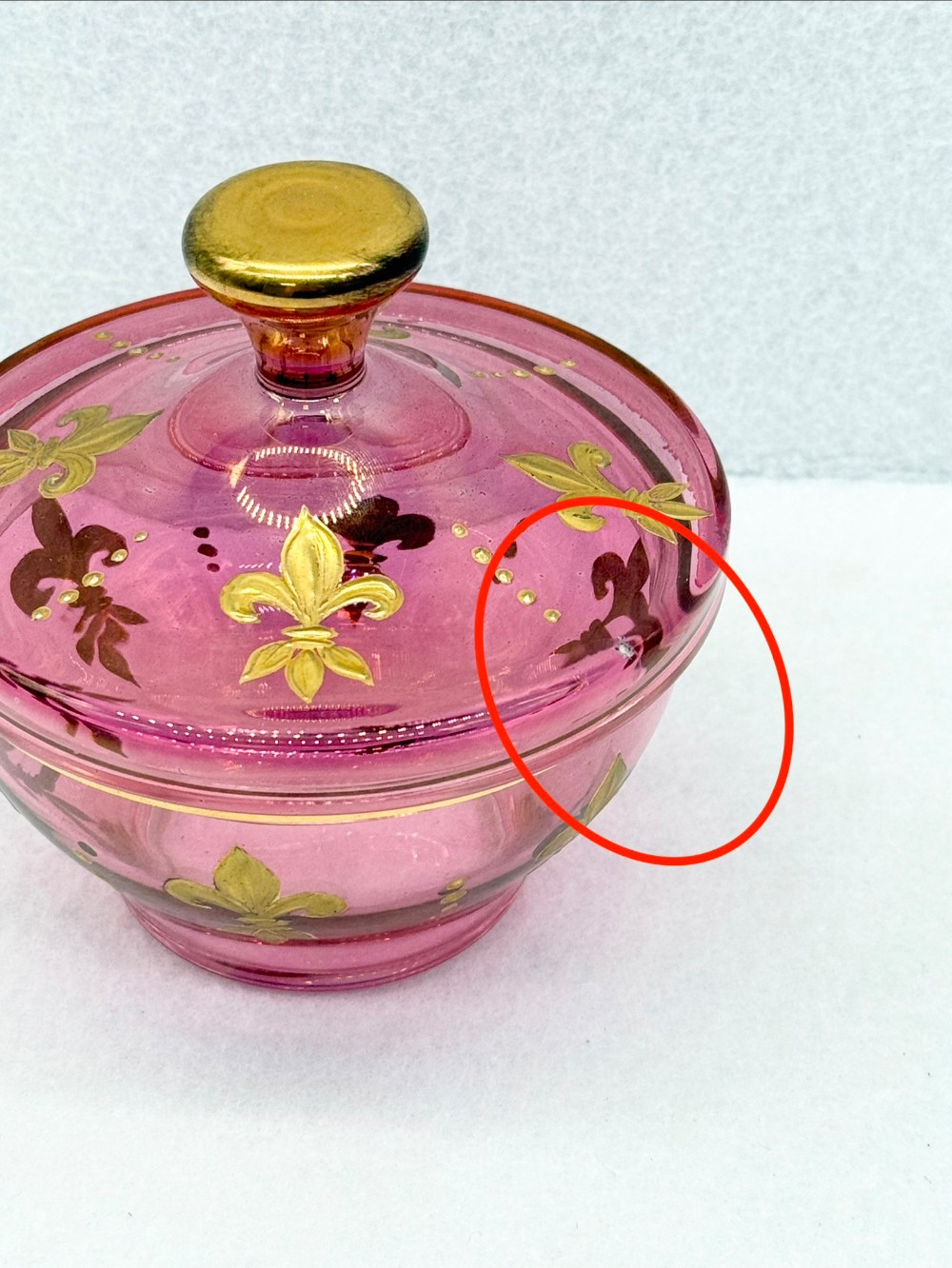 Lidded Cranberry Dish with Gold accents