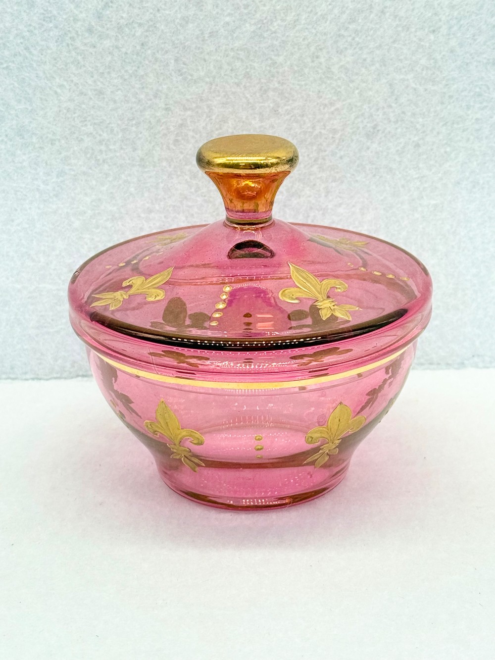 Lidded Cranberry Dish with Gold accents