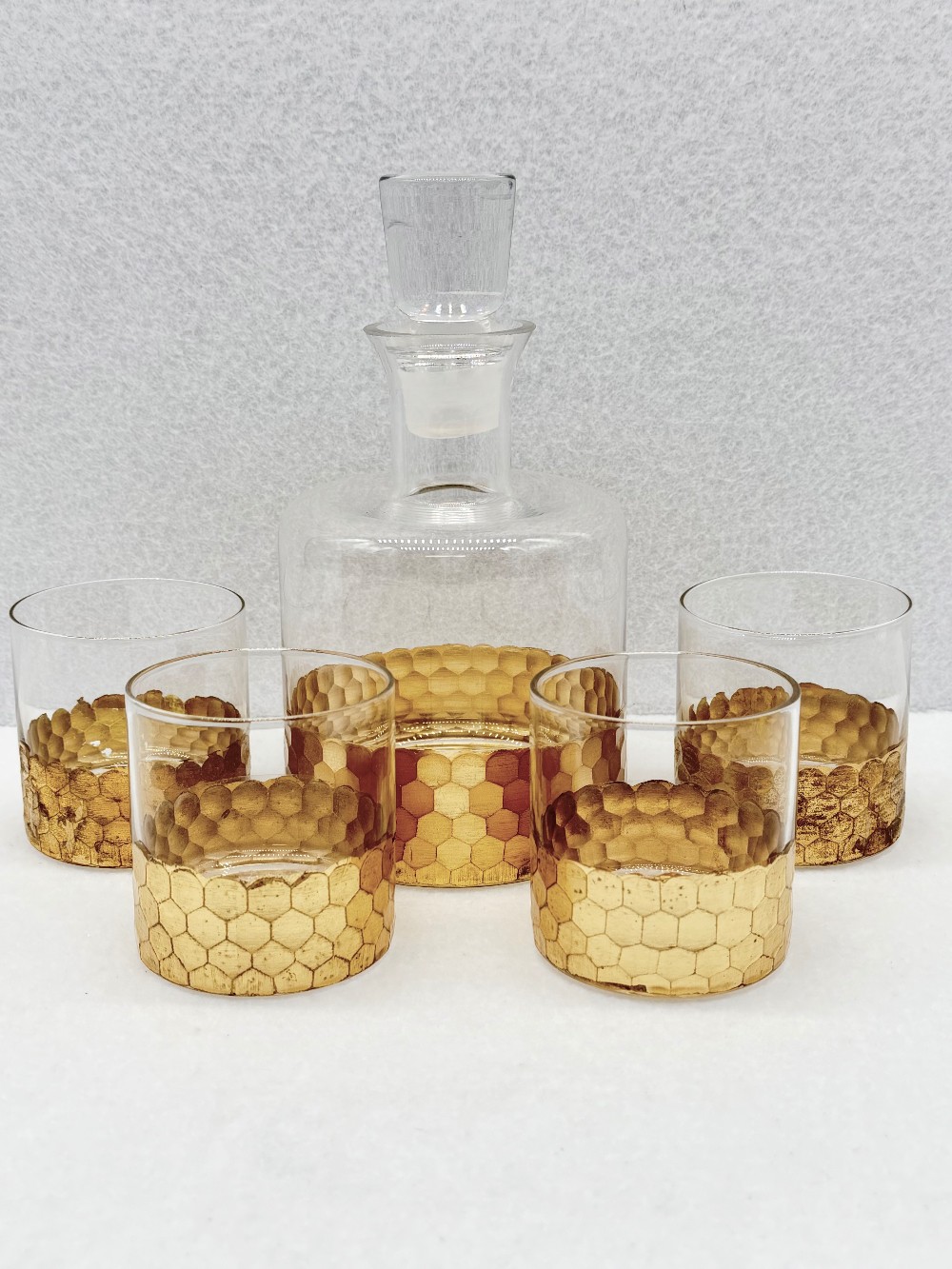 Fitz & Floyd Gold Leaf Decanter & 4 Glasses