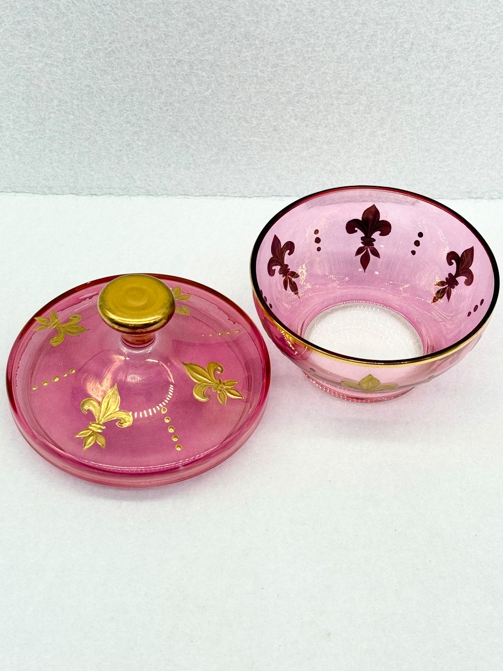 Lidded Cranberry Dish with Gold accents