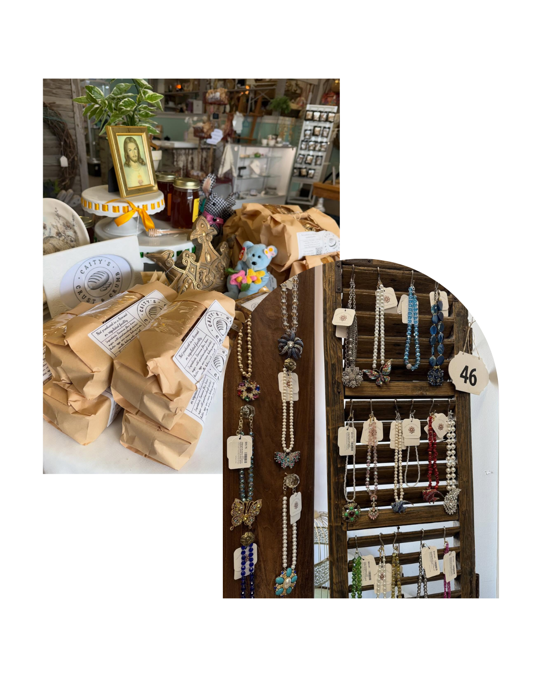 A collage of products that are sold inside Vintique Marketplace such as necklaces and soaps